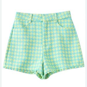 Zara High Waist Houndstooth Shorts in Green and Yellow
